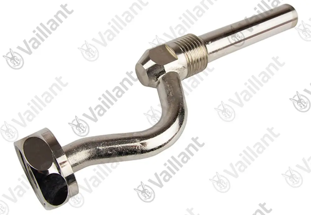 Vaillant Anschlussstück aus verchromtem Metall mit gewundenem Rohr und flachem Ende, geeignet für Heizungs- oder Versorgungssysteme.